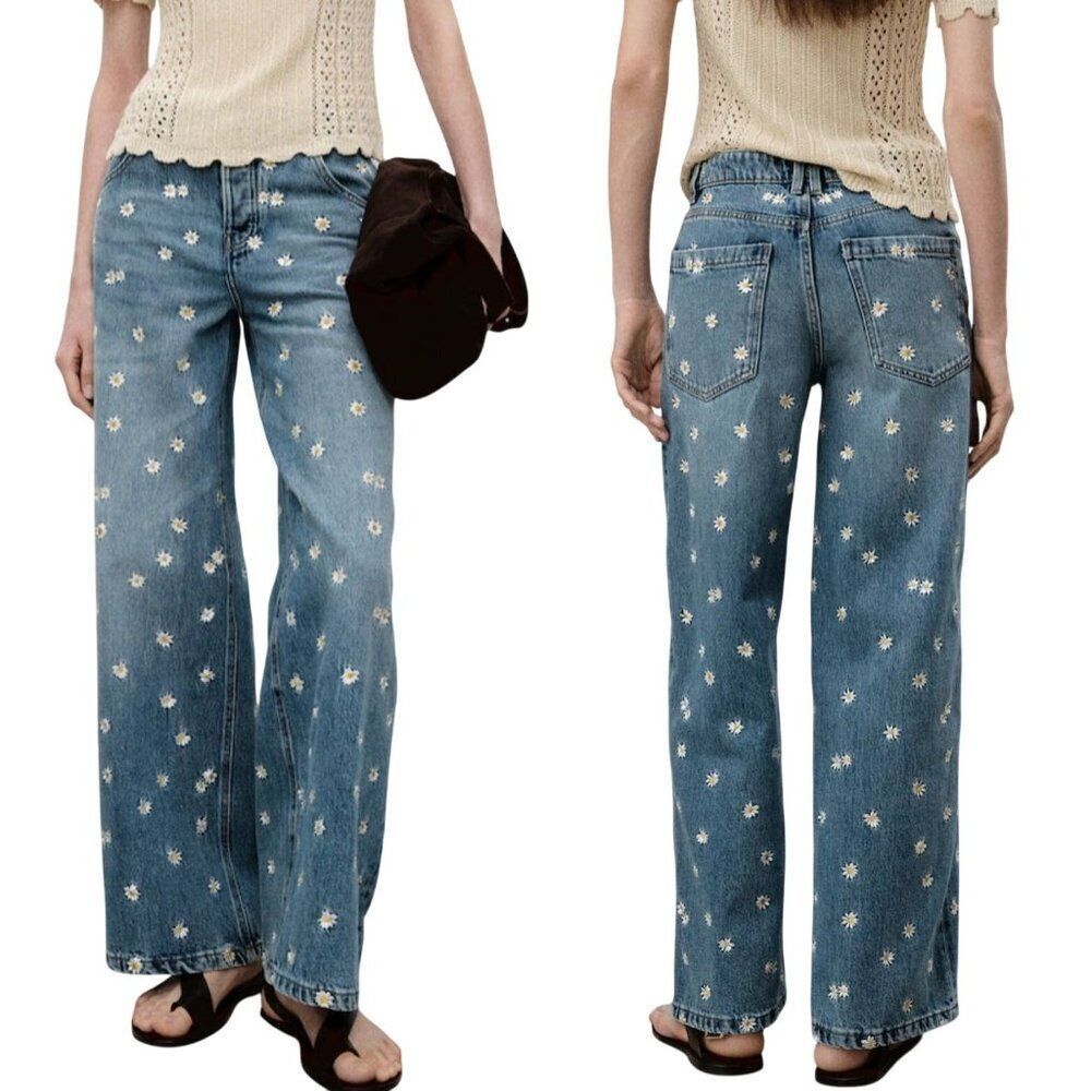 MNG Denim Womens Floral Embroidered Wide-Leg Jeans EUR 40 USA 8 Light Wash‎